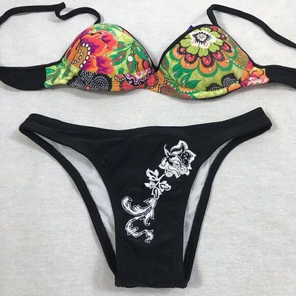 Recco Size Small Brazilian Floral Top & Black with White Stitching Bottom. New - Picture 3 of 5